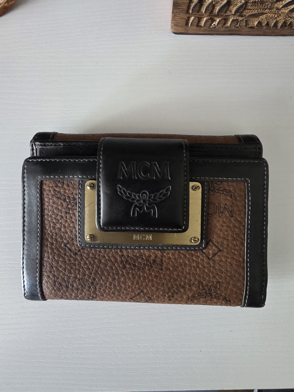 MCM Brown Leather Logo Wallet with Black Trim